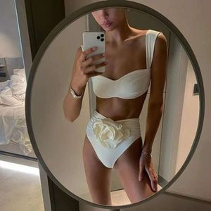 2024 Womens Swimsuit Split tweedelige set met roos driedimensionale bloemen hoge taille sexy bikini