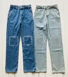 2024 Dames Undefined Jeans High Taille Openwork Patched Bordidered Loewe rechte broek jeans 1A