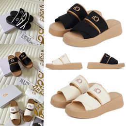 2024 Woody Mules Designer Mila Zapatillas Diapositivas Sandalias Mujeres Flat Slider Flip Flops Lona Caucho Beige Blanco Negro Encaje Letras Tela Para Mujer Zapatilla de verano 35-42