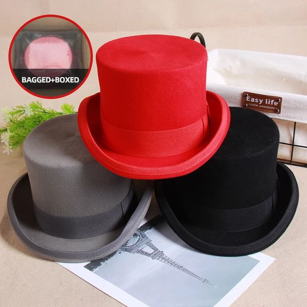 2024 Laine Plat Homme Top Hat Mode cilindro cappel Fedora Chapeau Polyvalent Magicien Cap Gentleman Cylindre Sangle Steampunk Élégant 240127