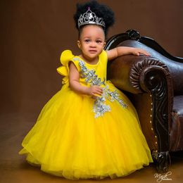 2024 Yellow Flower Girl Dresses Jewel Flowergirl Dress Girls Birthday Party Dress Rhinestones Tiered Tulle Queen Princess Gowns for African Black Little Girls F132