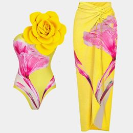 2024 Geel geprinte biquinis vrouwen 3D Flower een schouder strandkleding met rok twee stukken sets zwemkleding badgreep 240426