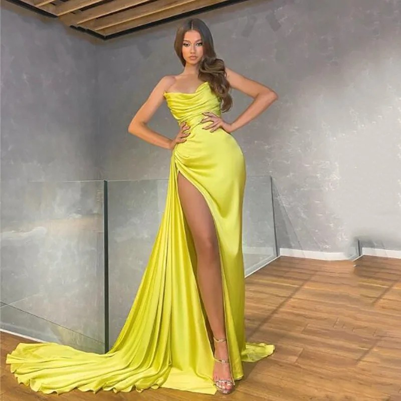 2024 Желтое сексуальное вечернее платье русалки с v-образным вырезом без бретелек с высоким разрезом по бокам, платья для выпускного вечера, вечерние платья знаменитостей Дубая, Robe De Soiree