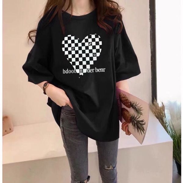 2024 Jeunes femmes T-shirt Damier en forme de coeur T-shirts longs Couples Chemises de mode simples T-shirt vert fluorescent pour hommes et femmes M-4XL