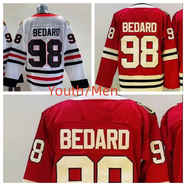 2024 Maillots de hockey pour jeunes Conner Bedard 98 Couleur Rouge Blanc S/M L/XL Maillot cousu pour enfants Hommes # 98 Conner Bedard Maillots S-3XL
