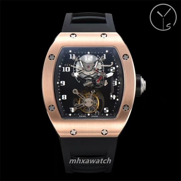 2024 YS Factory Montre pour hommes RM001 Véritable tourbillon Mouvement mécanique Mise à niveau Verre trempé Double couche Bracelet en caoutchouc littéral Montres de créateurs