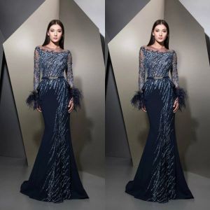 2024 Ziad Nakad Navy Blue Prom Vestidos Joya de manga larga Lacas de encaje Crystal Mermaid Vestido de noche hecha a personalización Vestidos de ocasión especial hechos