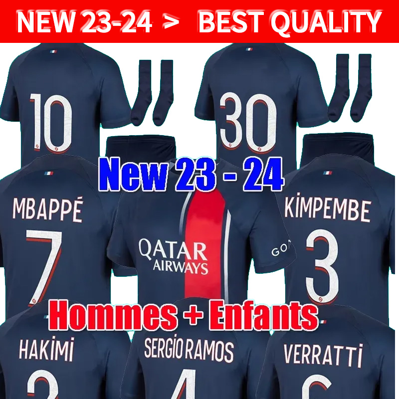 2023 2024 MBAPPE サッカーユニフォームセルジオラモスマイヨハキミフランス psG サッカーシャツ 23 24 パリのファンプレーヤー #30 マルキーニョスヴェッラッティ男性子供キット