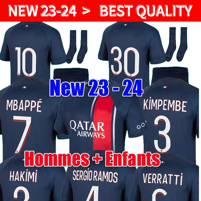 2023 2024 MBAPPE Fotbollströjor SERGIO RAMOS Maillots HAKIMI Frankrike psG fotbollströja 23 24Parisiska fans spelare #30 MARQUINHOS VERRATTI Män barn Kit