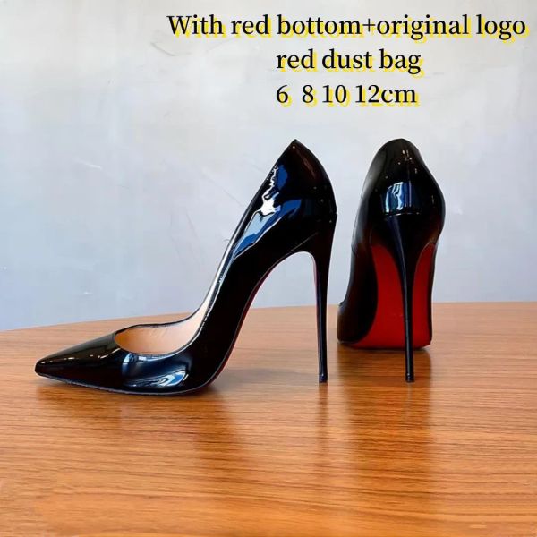 2024 Marque Dames Robe Chaussures Designer Talons Hauts Rouge Brillant Semelle 8 cm 10 cm 12 cm Stiletto En Cuir Véritable Nude Noir Chaussures De Mariage 34-44