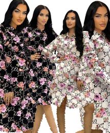 2024G Nouveau desinger de luxe Femmes Casual imprimé fleurs noir blanc robe blouses chemises simple boutonnage haut de mode au-dessus du genou Chemises