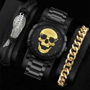 2024New Stijlvolle grote wijzerplaat Cool Skull Head Trendy Mens Watch Business Dark Style Set Quartz Watch