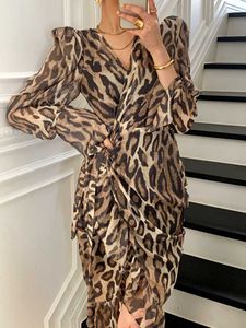 2024Party Jurken Sexy Women Vintage Spring Summer Lange mouwen V-Neck Wrap Ladies Casual Leopard Print Lange Jurk T220930