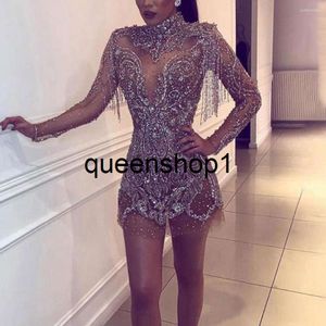 2024 strass mini robe cristaux scintillants col haut manches longues argent transparent mince et sexy femmes soirée glands robe de soirée