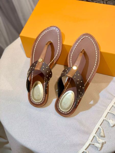 2024S Signer de luxe Lock It Flat Mule Femmes Pantoufle Sandale En Cuir Marron Star Sandale D'été Appartements Flip Flop Plage En Plein Air Pantoufles Occasionnelles avec boîte 35-43