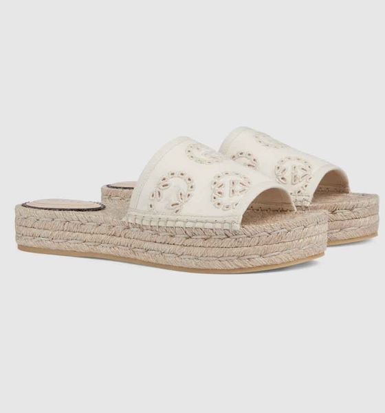 2024S / S Marque Femmes Interlocking-G Espadrille Sandales Chaussures Cordon Slide Appartements Plate-forme Bas En Caoutchouc Pantoufles Quotidiennes Dame Marche EU35-42