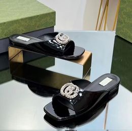 2024S/S Luxe Dames Kristal-set Double-G Sandalen Schoenen Lakleer Slippers Platte schoenen Vierkante neus Slippers Comfortabel Dagelijks Dame Wandelen EU35-43