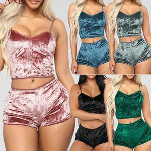 2024Sleepwear Sexy dames 2 stks Lingerie Velvet V Neck Pyjama Set Chemise Shorts Nightwear Plus Size2