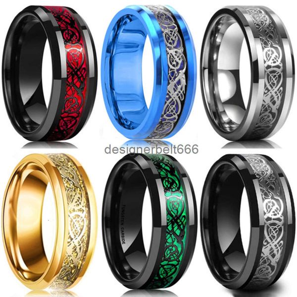 Bague Dragon en acier inoxydable pour hommes, 8 couleurs, 8mm, incrustation rouge vert noir, anneaux en Fiber de carbone, bijoux de mariage, taille 6-13, 2024ss