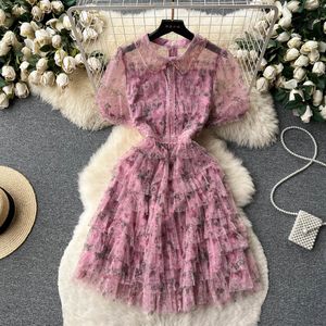 2024SS Casual jurken High Qulity Luxe Design Runway Summer Jurk Women kralen Dollar Mesh Splicing Floral Layer Cake Short Vestidos