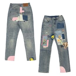 2024SS Jeans pour hommes denim long pantalon Blue High Street Patchwork en détresse
