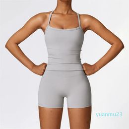 2024SS LL-8519 Ensemble deux pièces de Yoga pour femmes lu Yoga costume gilet pantalon court exercice Sport gymnase course formateur été Shorts élastique taille haute Sportwear