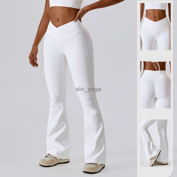 2024SS Lu Align Leggings High AL Pant Taille Align Leggings Crossover Design Danse Sports Jambe Large Casual Hip Lift Fitness Micro Flare Pantalon Entraînement Gry LL Yoga Citron