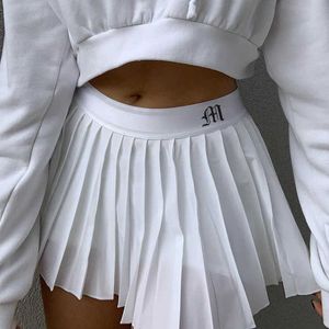 2024SS Blanc Plissé Femme Courte Taille Élastique Jupes Sexy Mircro Été Broderie Mini Tennis Jupe Preppy 210724