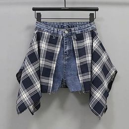 2024Summer Fashion Denim Shorts Plaid Patchwork Fake Twopiece Pants courts tendance Ligne large Aline jupe Femme 240508