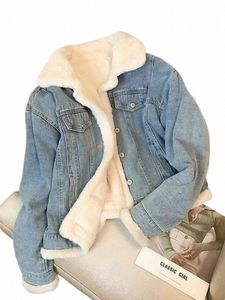 2024 hiver polaire épaissir veste en jean femmes lâche surdimensionné décontracté chaud jeans manteaux porter col de fourrure manches lg vêtements féminins l0pc #