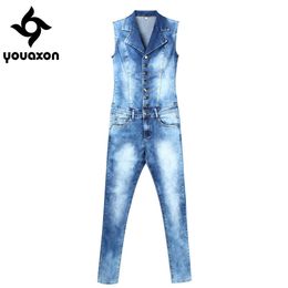2043 YOUAXON VROUWEN Plus Size Gloednieuwe Mode Blauw Stretch Denim Skinny Slanke Fit Broek Jumpsuit Jeans voor Dames Jean Overalls H0908