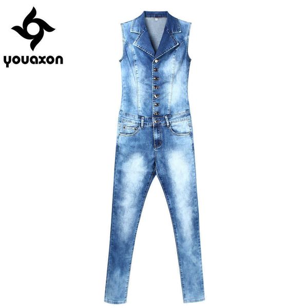 2043 Youaxon Dames Plus Size Gloednieuwe Mode Blauwe Stretch Denim Skinny Slim Fit Broek Jumpsuit Jeans Voor Vrouwen Jean Overalls H0908