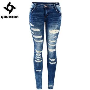 2045 Youaxon Women's Fashion Blue Low Rise Skinny Distressed Washed Stretch Denim Jeans for Women Ripped Pants LJ200808