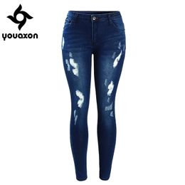 2053 Youaxon Femmes Mode Mid Taille Stretch Fading Blue Ripped Slim Denim Pantalon Jeans pour femmes 201030