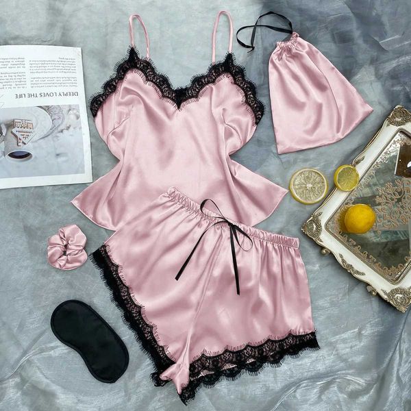 205x Sexy Pyjamas Femmes Pyjamas Sexy Lace Suspender Pajamas Lingerie Ensemble Femme Summer Loungewear Tob Shorts Set Ice Silk Pajama Set 2404101