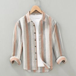2091 Fil teint 100% lin hommes rayé Patchwork chemises mode affaires décontracté à manches longues simple classique Vintage Blouse haut 240201