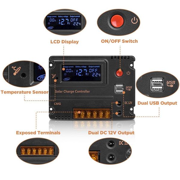 Panneau solaire 20A Contrôleur de charge solaire Commutateur automatique Lcd Panneau intelligent Régulateur de batterie Contrôleur de charge Protection contre les surcharges Tem