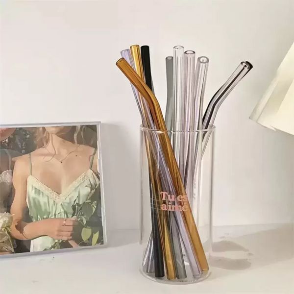 Pailles à boire en verre borosilicaté Eco réutilisables de 20 cm Paille à cocktail au lait droite pliée de couleur claire Résistance aux hautes températures fy5155 ss0128