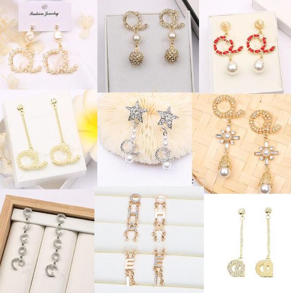 20color 18K Plaqué Or Femmes Lettres Boucles D'oreilles Longues De Luxe Desingers Cercle Géométrique 925 Argent Strass Cristal Perle Bijoux Hoop Oreille Anneau De Mariage Partie