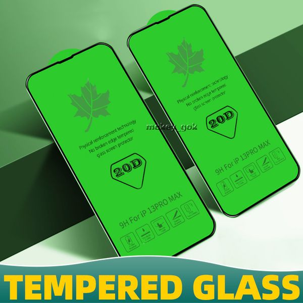 Protector de pantalla de vidrio de hoja de arce 20D para iPhone13 12 mini pro max 11 14Plus XR XS Samsung A01 A11 A21 A31 A41 A51 A71 A81 A91 Película templada para teléfono