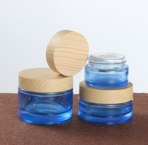 20g/30g/50g/50ml couleur bleue givré vide pot de crème cosmétique bouteille crème-bouchon de bouteille/bouchon en bois/cosmétiques bouteilles verre 100 pcs/lot SN2877