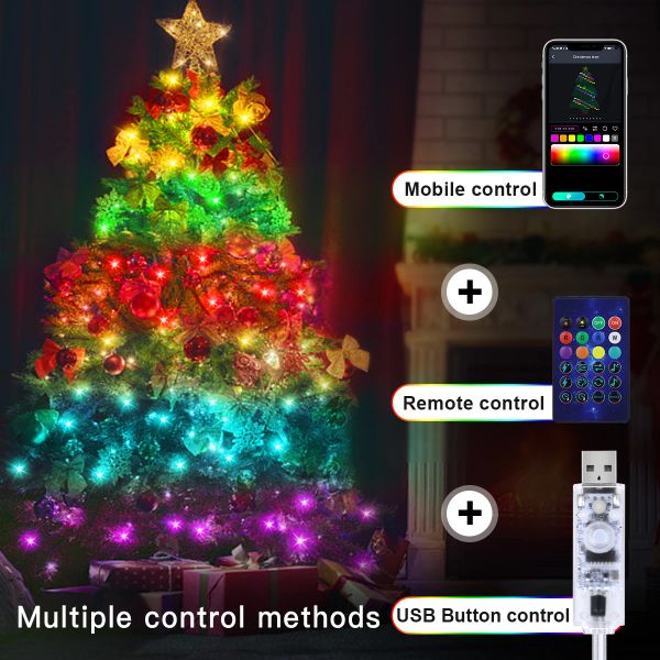 20m Couleur de rêve USB 5V LED Sting Light Bluetooth Music App RGBIC Addressable Fairy Lights Party Birthday Garland Christmas Decor with Battery D3.0