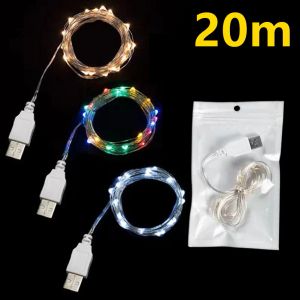Guirlande lumineuse LED USB en fil de cuivre et d'argent, 20M, étanche, féerique, décoration pour noël, fête de mariage