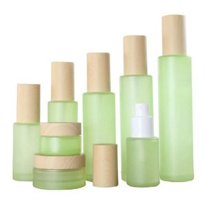 20ml 30ml 40ml 60ml 80ml 100ml 120ml Groen Matglas Zalfpotje Mist Spray Lotion Pompfles met Imitatie Houten Deksels Caps Rjpeo