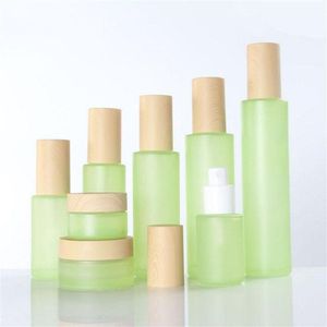 20ml 30ml 40ml 60ml 80ml 100ml 120ml vert verre givré crème pot brume pulvérisation lotion pompe bouteille avec couvercles en bois bouchons cosmétiques contiennent Vtmm