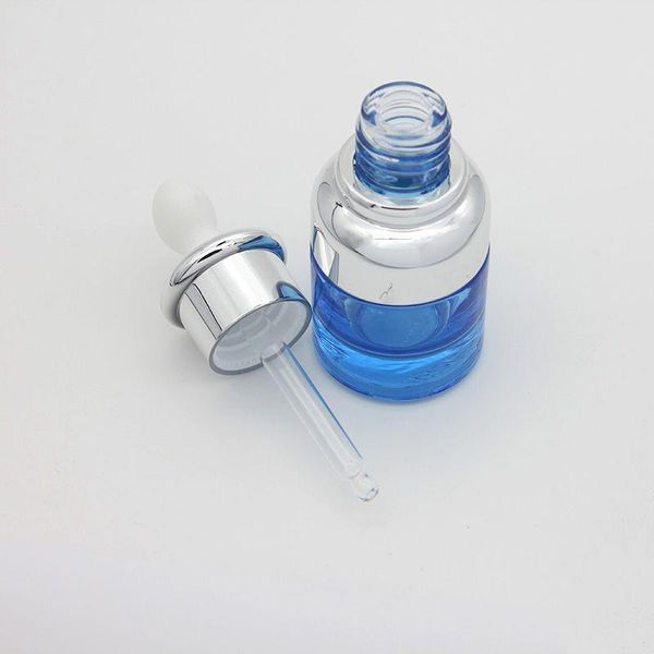 Flacon compte-gouttes en verre de luxe de 20 ml, 30 ml, bouteilles de sérum uniques bleues avec couvercle spécial en argent, prix modéré Frgiw