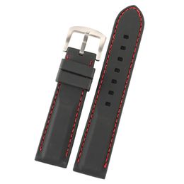 20mm 22mm 24mm Zwart Siliconen Rubber Horlogebandje Wrist Band Vervanging Waterdichte Horlogeband Rood Witte Lijn stiksels Rechte Uiteinden