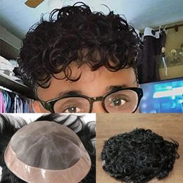 20MM Rizado # 1B Negro Durable Mono Toupee Hair System Hombres Hairpiece 360 Wave Male 100% Reemplazo de cabello humano transpirable para hombre