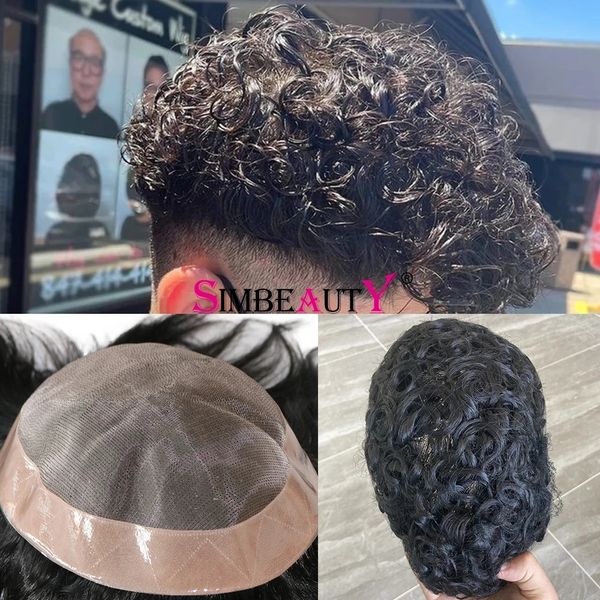 20MM Deep Curly Super Durable Mono Toupee Hair System Hombres Postizo 360 Wave Unidad masculina Cabello humano Reemplazo transpirable para hombre Prótesis capilar