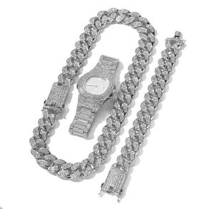 20 mm horloge en Cubaanse ketting ketting sieraden brede roos 3 stcs heuphop grote goud set zilveren armband nstaj9623387
